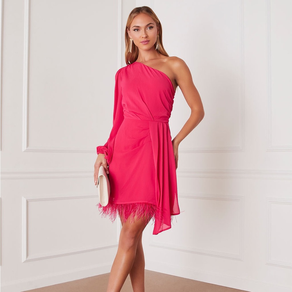 VICI Gaze One Shoulder Feather Bold Hot Pink Mini Party Cocktail Dress - Large